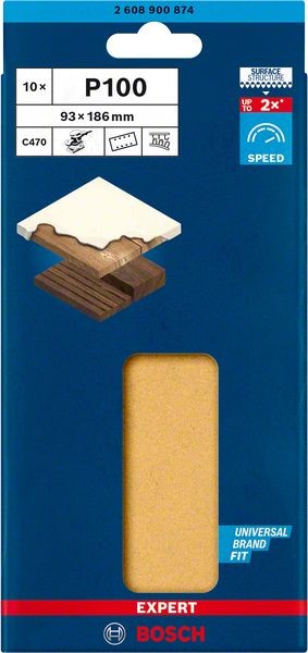 Bosch Professional Expert C470 Schleifpapier mit 8 Löchern für Schwingschleifer, 93 x 186 mm, G 100, 10-tlg. (2608900874)
