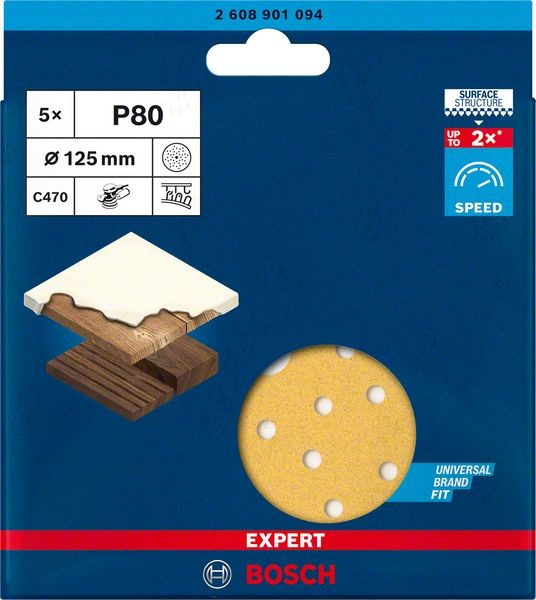 Bosch Professional Expert C470 Schleifpapier Mehrloch für Exzenterschleifer, 125 mm, G 80, 5-tlg. (2608901094)