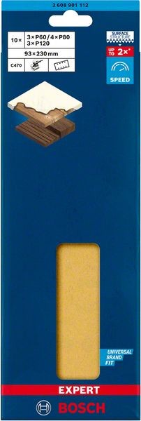 Bosch Professional Expert C470 Schleifpapier-Set für Schwingschleifer, 93 x 230 mm, G 3x60/4x80/3x120, 10-tlg. (2608901112)