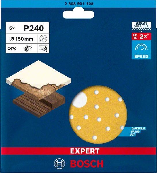 Bosch Professional Expert C470 Schleifpapier Mehrloch für Exzenterschleifer, 150 mm, G 240, 5-tlg. (2608901108)