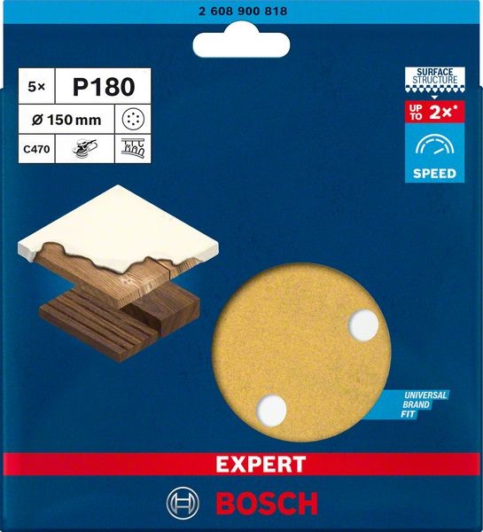 Bosch Professional Expert C470 Schleifpapier mit 6 Löchern für Exzenterschleifer, 150 mm, G 180, 5-tlg. (2608900818)