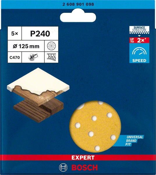 Bosch Professional Expert C470 Schleifpapier Mehrloch für Exzenterschleifer, 125 mm, G 240, 5-tlg. (2608901098)