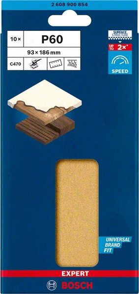Bosch Professional Expert C470 Schleifpapier mit 8 Löchern für Schwingschleifer, 93 x 186 mm, G 60, 10-tlg. (2608900854)